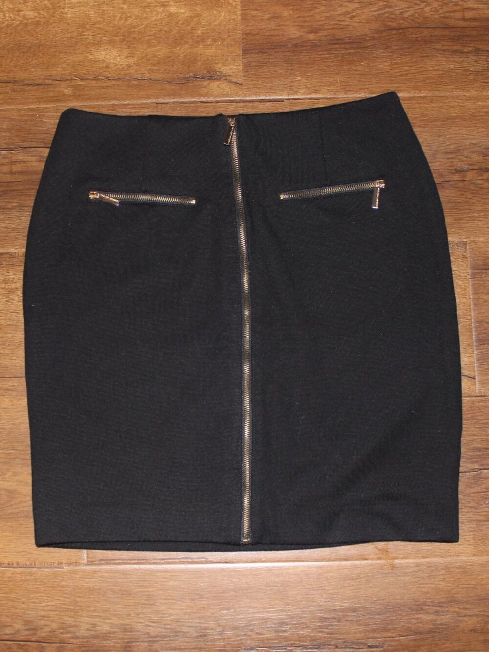 Black Pencil Skirt with Gold Front Zip and Pocket Details